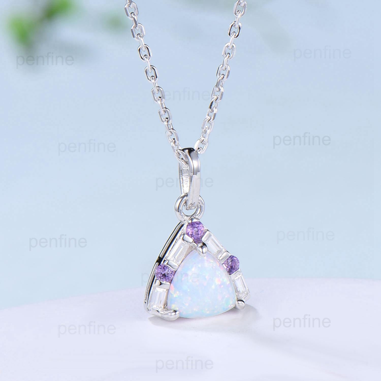 Trilliant Opal Amethyst pendant necklace vintage baguette moissanite pendant silver white  gold fire opal necklace Engagement Gift For Women - PENFINE