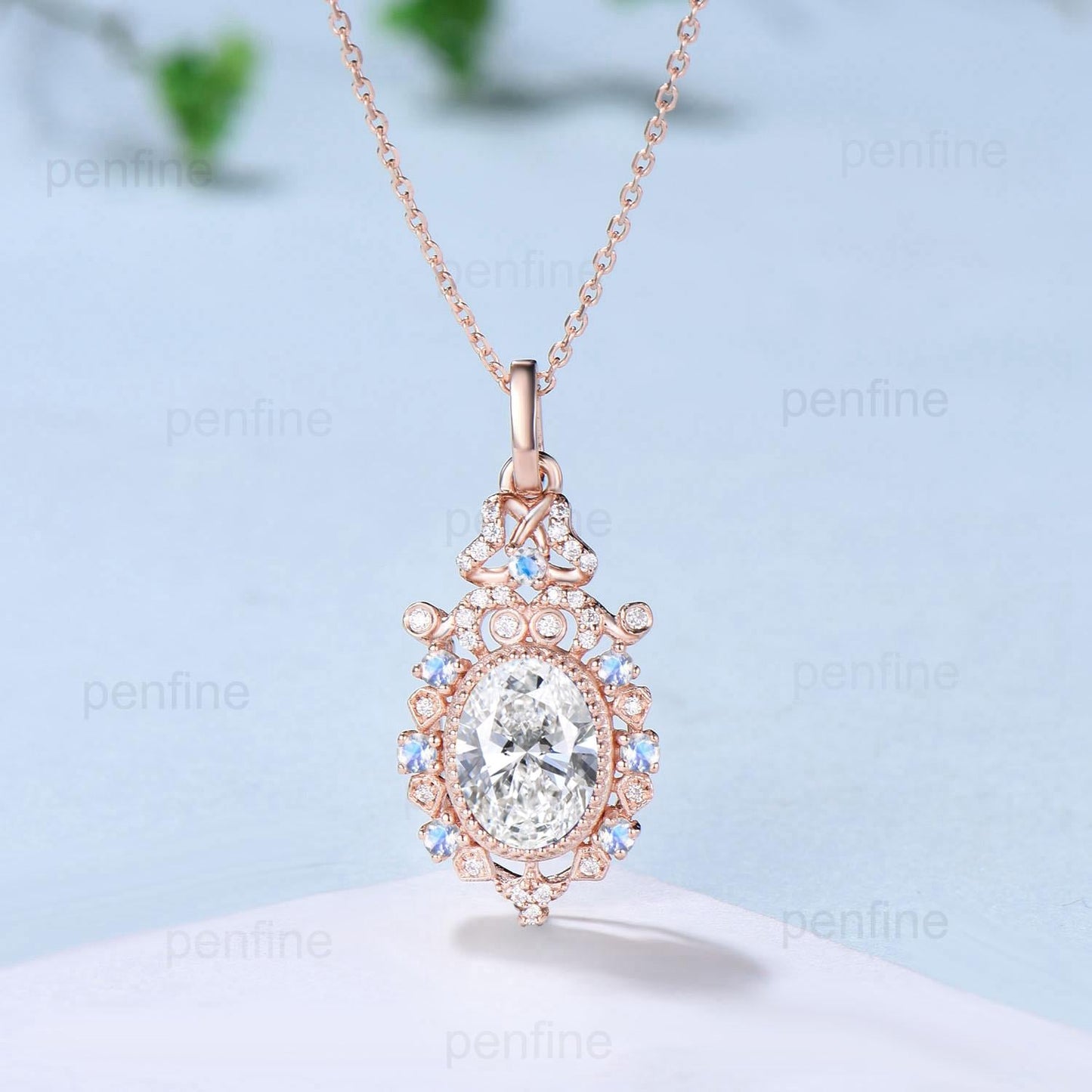 Vintage Lab Grown Diamond Pendant Necklace Unique Knot Moissanite Necklace Floral Rainbow Moonstone Pendant Unique Anniversary promise gift - PENFINE