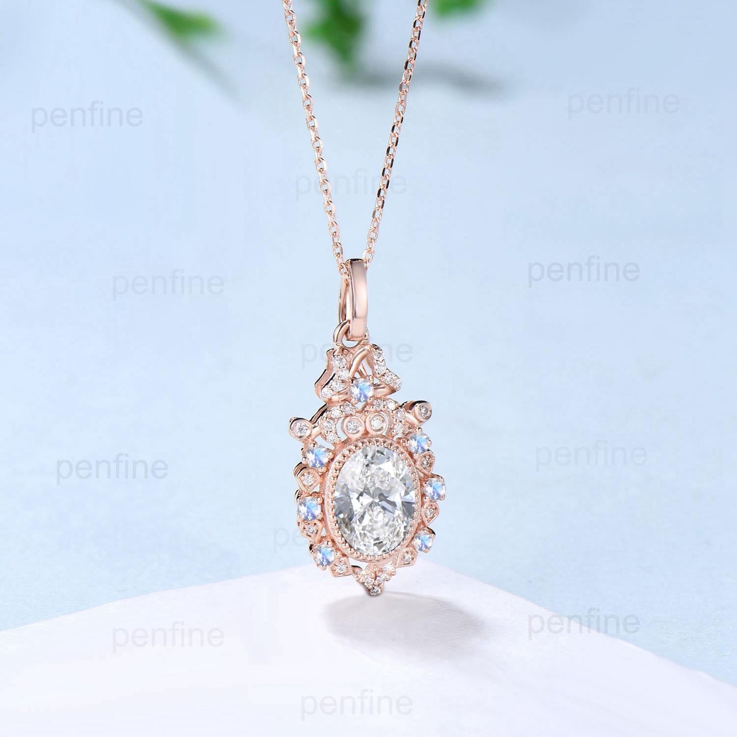 Vintage Lab Grown Diamond Pendant Necklace Unique Knot Moissanite Necklace Floral Rainbow Moonstone Pendant Unique Anniversary promise gift - PENFINE