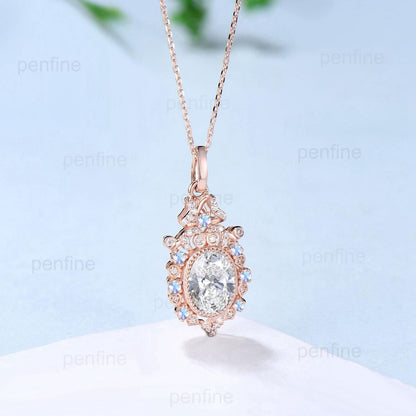 Vintage Lab Grown Diamond Pendant Necklace Unique Knot Moissanite Necklace Floral Rainbow Moonstone Pendant Unique Anniversary promise gift - PENFINE