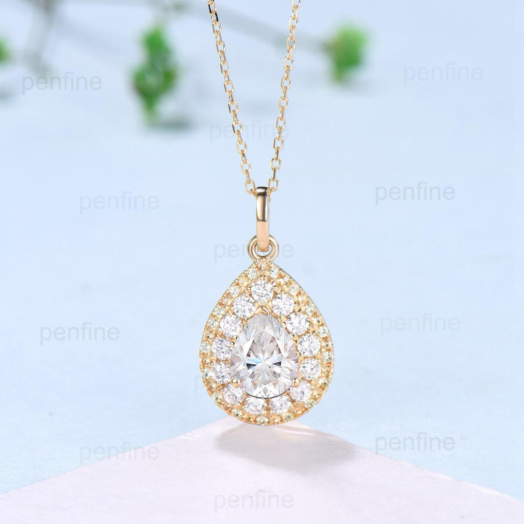 Double Halo pear shaped moissanite necklace vintage alternative lab grown diamond pendant 18k yellow gold necklace engagement gift for Women - PENFINE