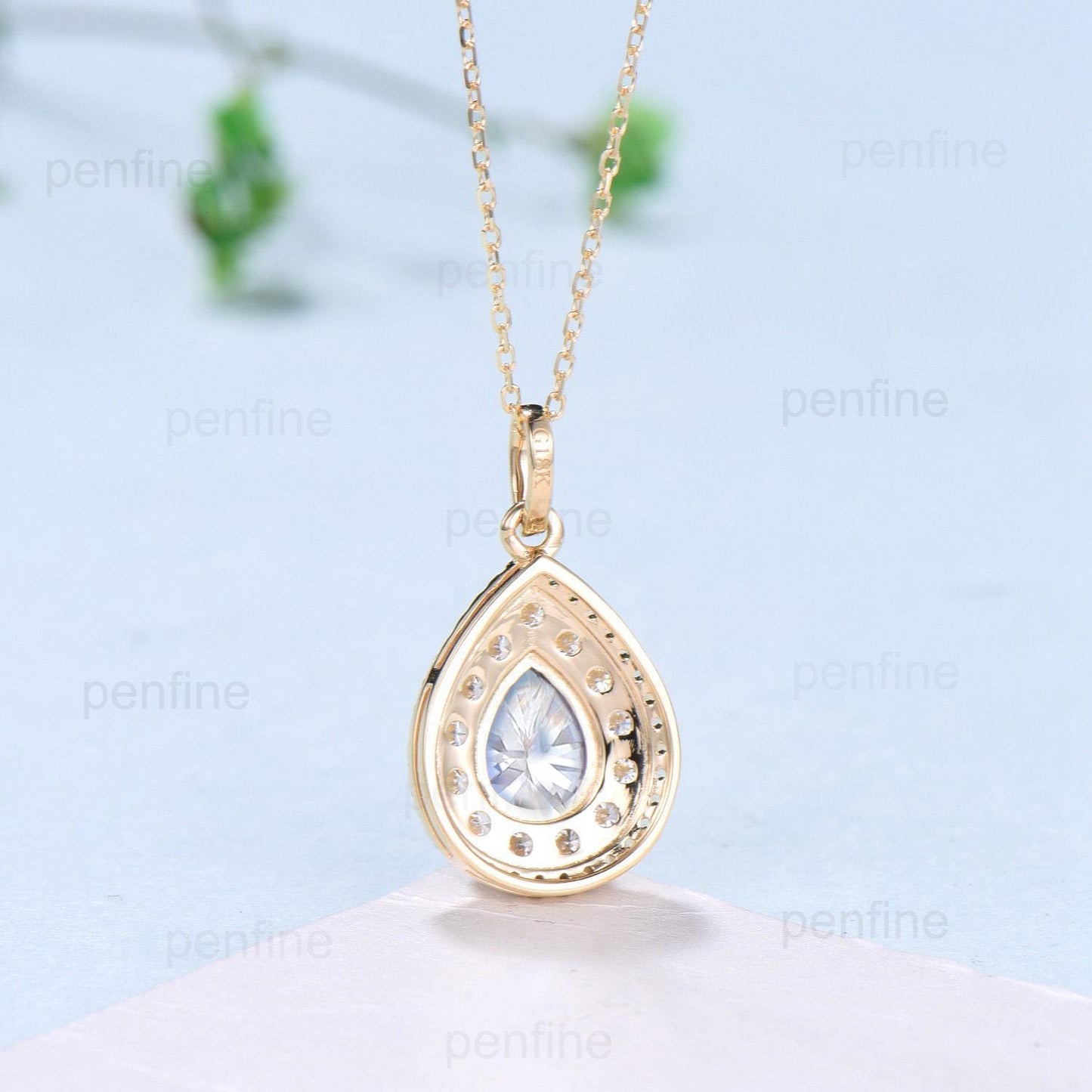 Double Halo pear shaped moissanite necklace vintage alternative lab grown diamond pendant 18k yellow gold necklace engagement gift for Women - PENFINE