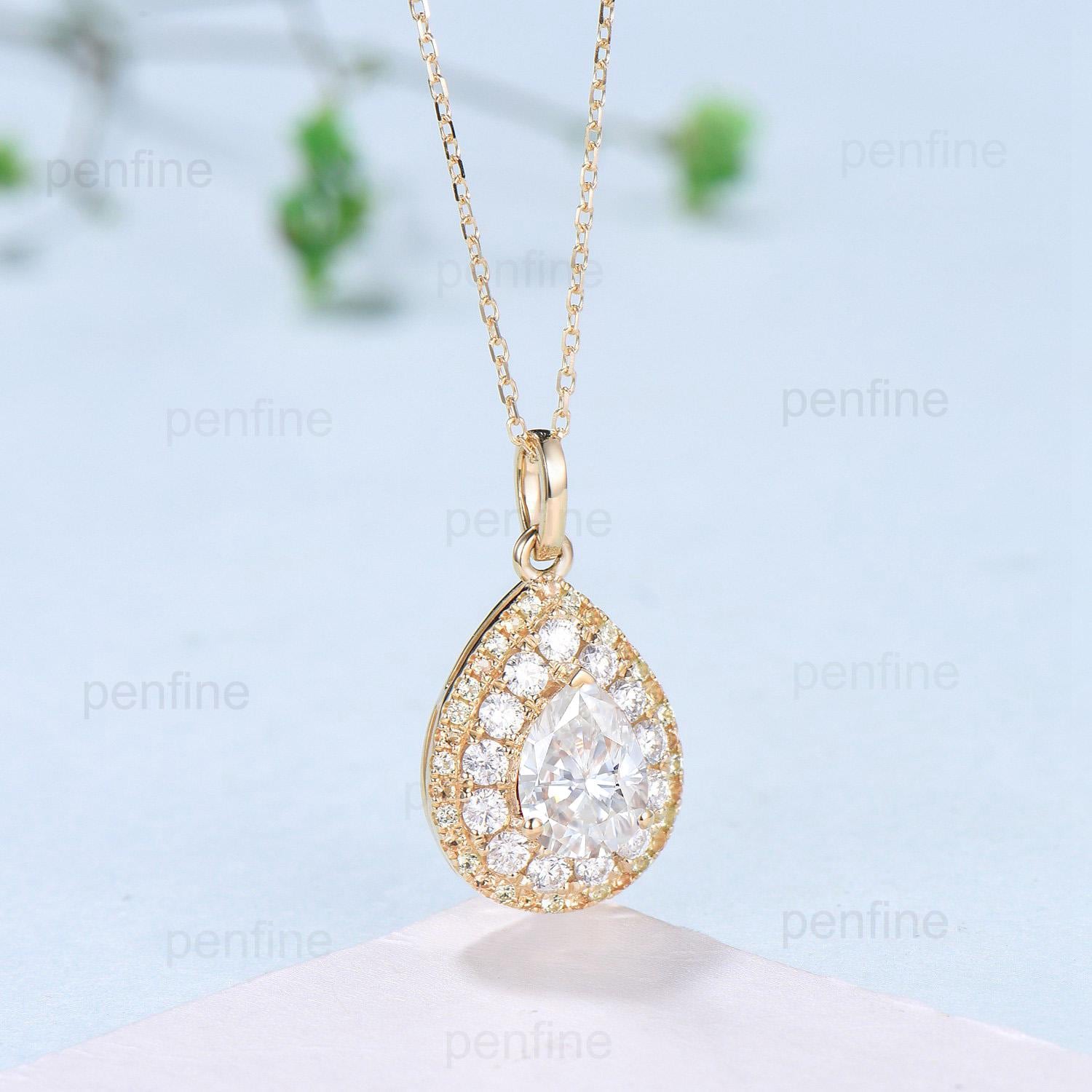 Double Halo pear shaped moissanite necklace vintage alternative lab grown diamond pendant 18k yellow gold necklace engagement gift for Women - PENFINE