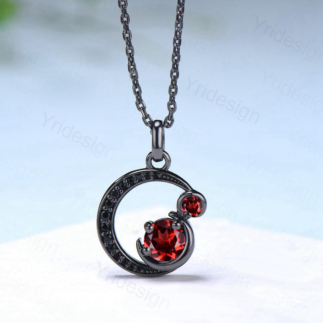 Unique Black Gold Garnet Necklace Magic Crescent Moon January Birthstone Pendant Necklace Halloween Gothic Anniversary Gift for Daughter - PENFINE