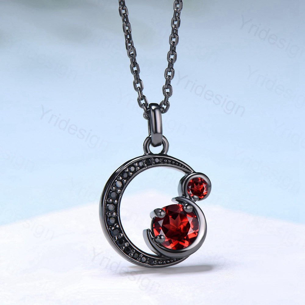 Unique Black Gold Garnet Necklace Magic Crescent Moon January Birthstone Pendant Necklace Halloween Gothic Anniversary Gift for Daughter - PENFINE