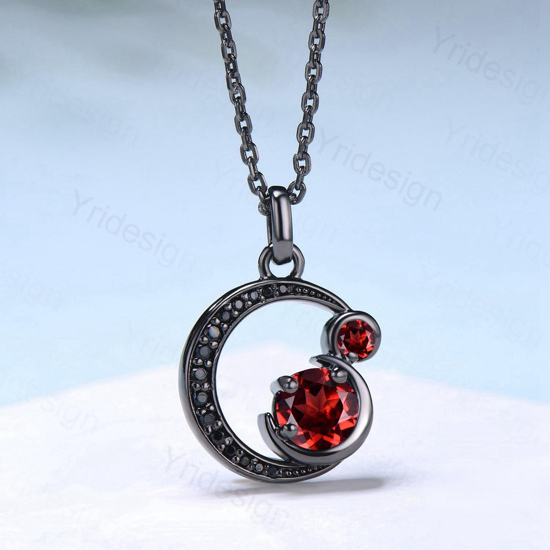 Unique Black Gold Garnet Necklace Magic Crescent Moon January Birthstone Pendant Necklace Halloween Gothic Anniversary Gift for Daughter - PENFINE