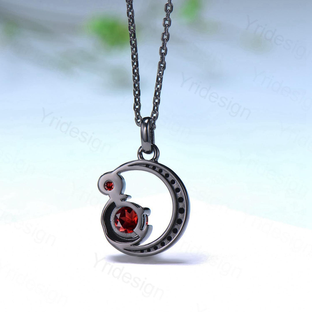 Unique Black Gold Garnet Necklace Magic Crescent Moon January Birthstone Pendant Necklace Halloween Gothic Anniversary Gift for Daughter - PENFINE