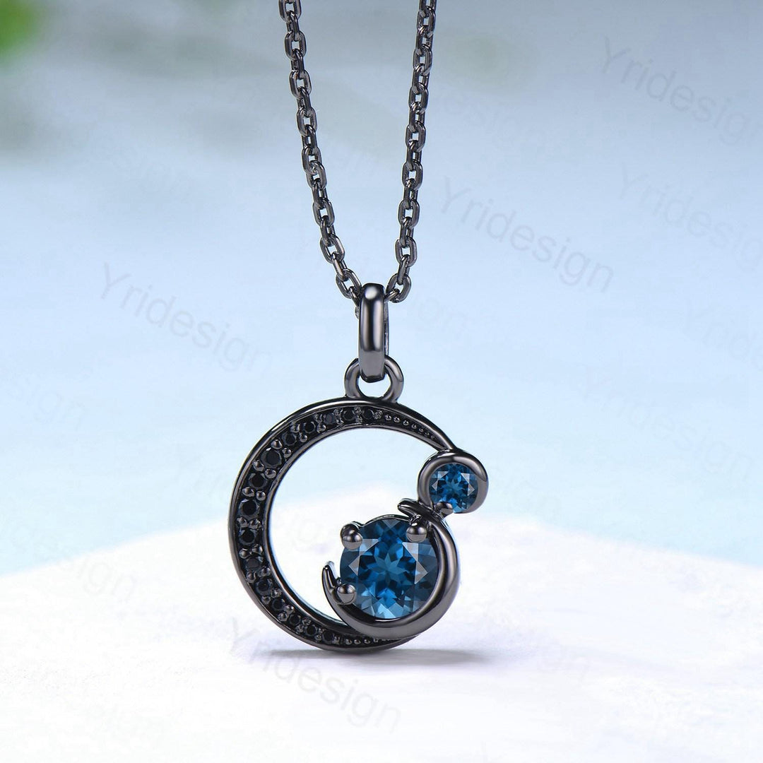 Unique Black Gold London Blue Topaz Necklace Magic Crescent Moon Black Spinel Pendant Necklace Halloween Gothic Anniversary gift for mom - PENFINE