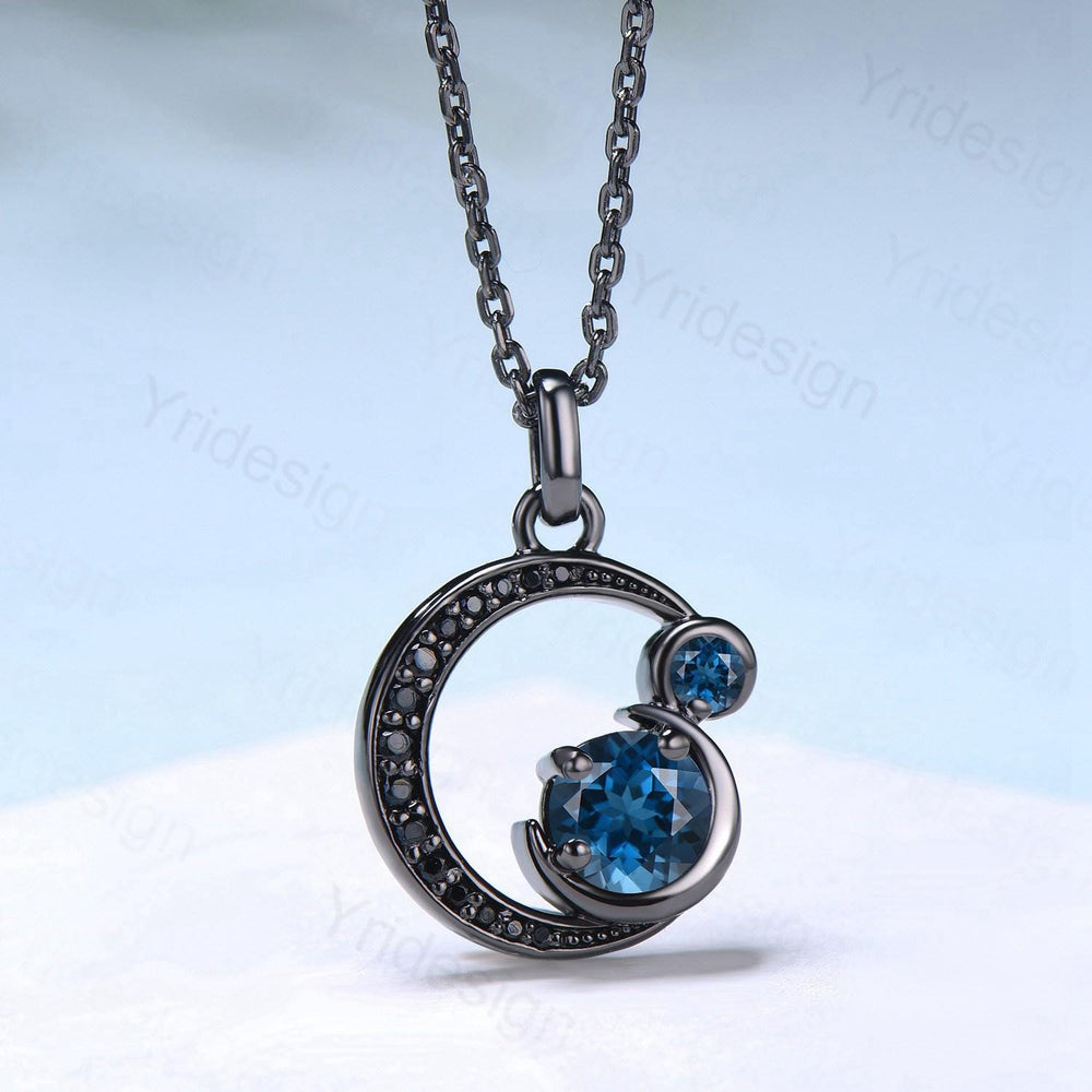 Unique Black Gold London Blue Topaz Necklace Magic Crescent Moon Black Spinel Pendant Necklace Halloween Gothic Anniversary gift for mom - PENFINE