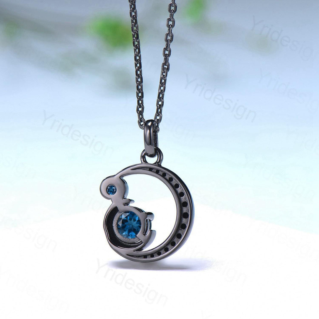 Unique Black Gold London Blue Topaz Necklace Magic Crescent Moon Black Spinel Pendant Necklace Halloween Gothic Anniversary gift for mom - PENFINE