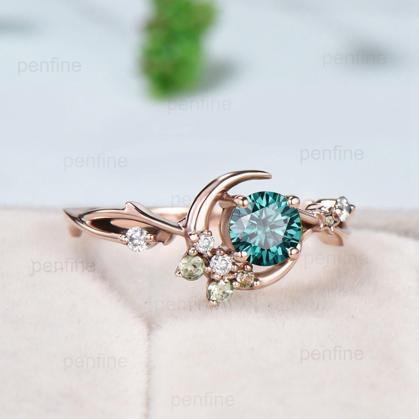 Unique Crescent Moon Green Moissanite Engagement Ring Vintage Rose Gold Star Moon Cluster Peridot Ring Art Deco Promise Anniversary Gift Her - PENFINE