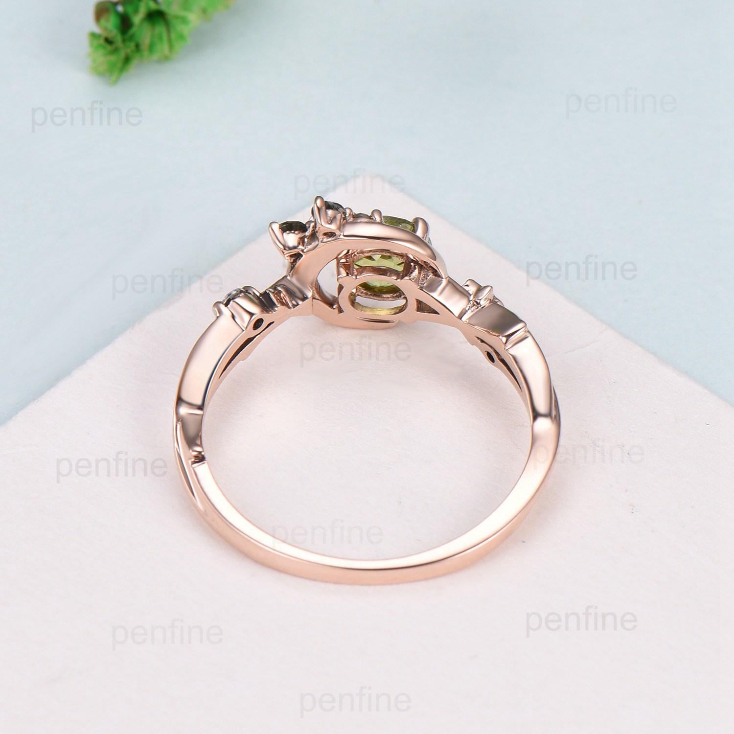 Unique Crescent Moon Green Moissanite Engagement Ring Vintage Rose Gold Star Moon Cluster Peridot Ring Art Deco Promise Anniversary Gift Her - PENFINE