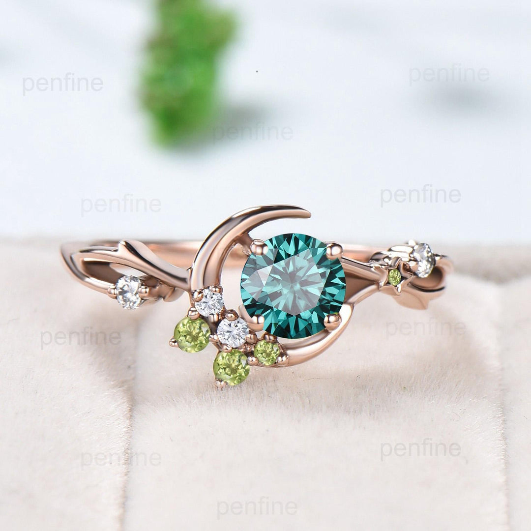 Unique Crescent Moon Green Moissanite Engagement Ring Vintage Rose Gold Star Moon Cluster Peridot Ring Art Deco Promise Anniversary Gift Her - PENFINE