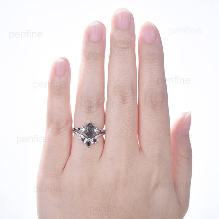 Long Hexagon cut black rutilated quartz engagement ring set five stone rose gold moon spinel wedding ring set for women anniversary gift her - PENFINE