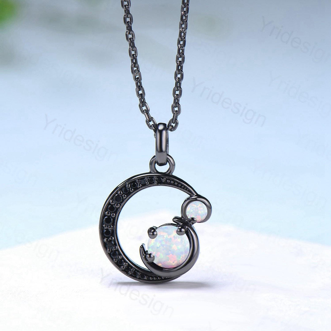 Unique Black Gold White Opal Necklace Magic Crescent Moon October Birthstone Pendant Necklace Halloween Gothic Anniversary Gift for Daughter - PENFINE