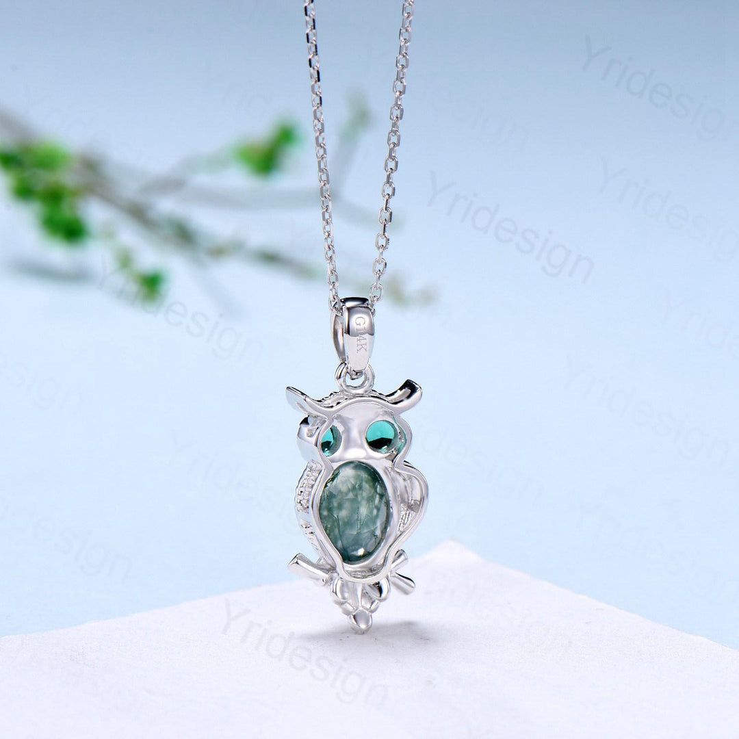 Unique Owl Moss Agate Necklace Personalized Pendant Necklace Silver 18k White Gold Emerald Pendant Night Owl Animal Inspired Promise Gift - PENFINE