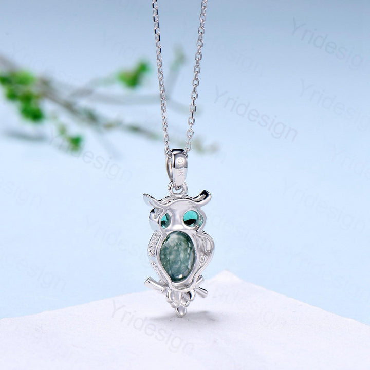 Unique Owl Moss Agate Necklace Personalized Pendant Necklace Silver 18k White Gold Emerald Pendant Night Owl Animal Inspired Promise Gift - PENFINE