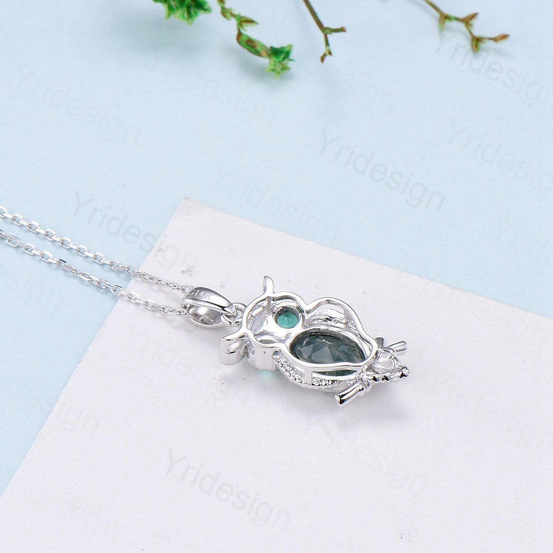 Unique Owl Moss Agate Necklace Personalized Pendant Necklace Silver 18k White Gold Emerald Pendant Night Owl Animal Inspired Promise Gift - PENFINE