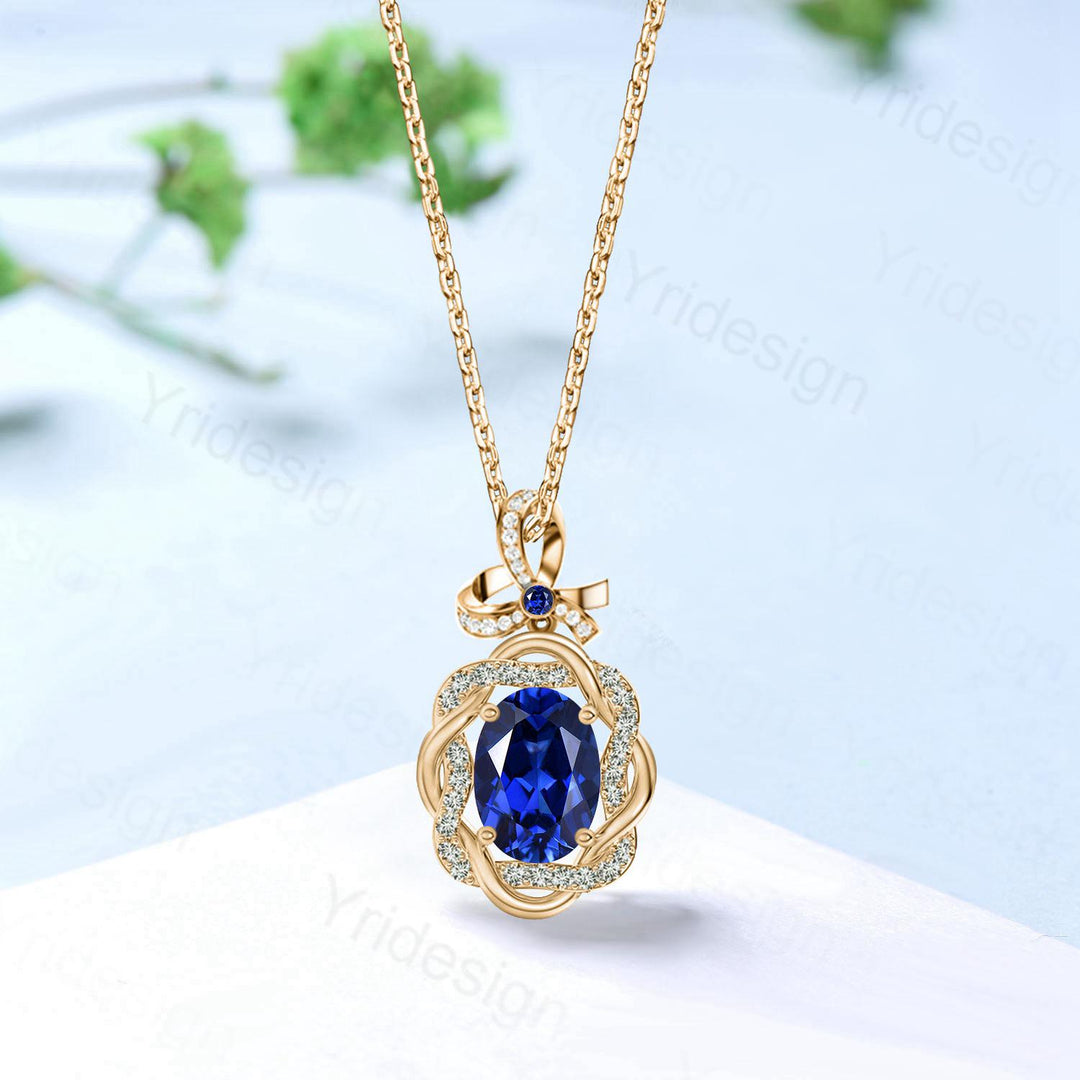 Unique Oval Sapphire Pendant Necklace Vintage Oval Blue Sapphire Halo Diamond Pendant Necklace Rose Gold Retro Christmas Promise Gift Women - PENFINE