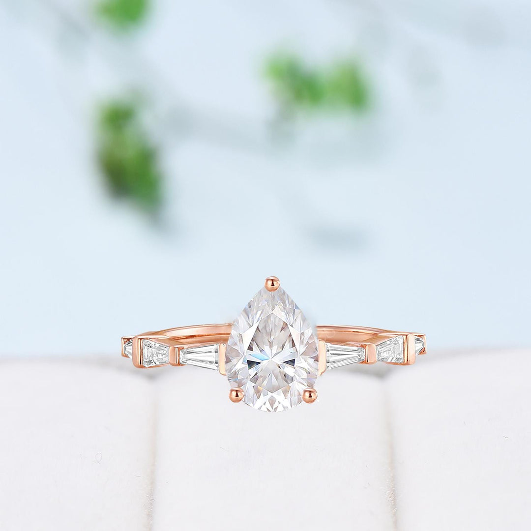 Asscher Cut Brilliant Moissanite ring Baguette Moissanite Engagement Ring 14K Rose Gold Vintage Wedding Ring Unique Anniversary Promise Ring - PENFINE