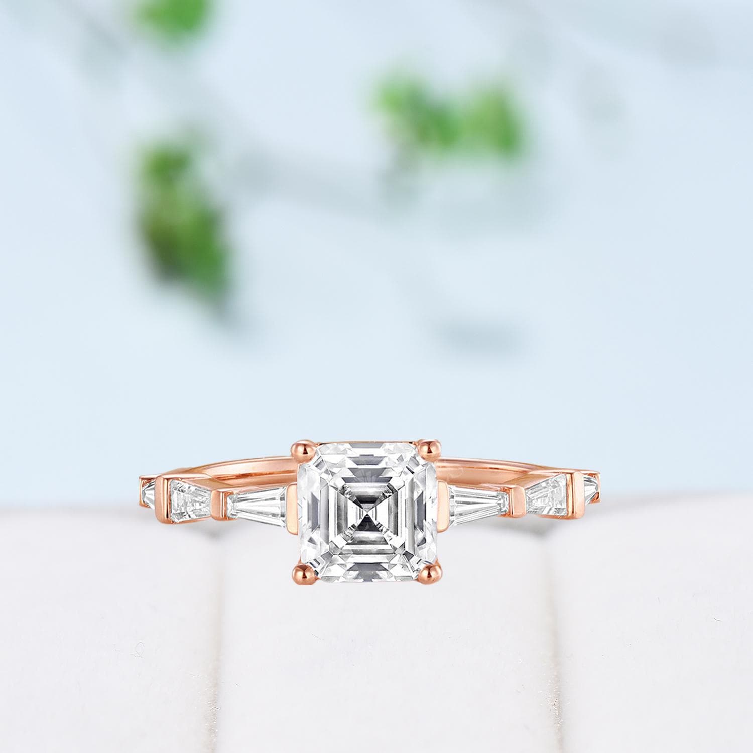 Asscher Cut Brilliant Moissanite ring Baguette Moissanite Engagement Ring 14K Rose Gold Vintage Wedding Ring Unique Anniversary Promise Ring - PENFINE