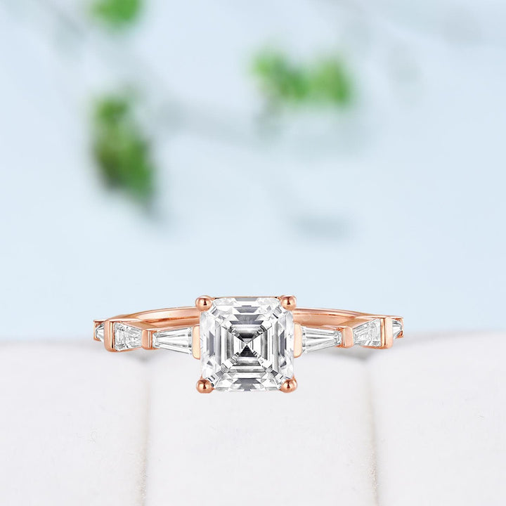 Asscher Cut Brilliant Moissanite ring Baguette Moissanite Engagement Ring 14K Rose Gold Vintage Wedding Ring Unique Anniversary Promise Ring - PENFINE