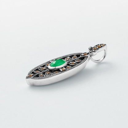 Unique Evil Eye Wedding Set vintage marquise shaped pendant necklace silver white gold art deco green emerald stud earrings anniversary gift - PENFINE