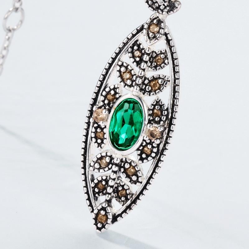 Unique Evil Eye Wedding Set vintage marquise shaped pendant necklace silver white gold art deco green emerald stud earrings anniversary gift - PENFINE