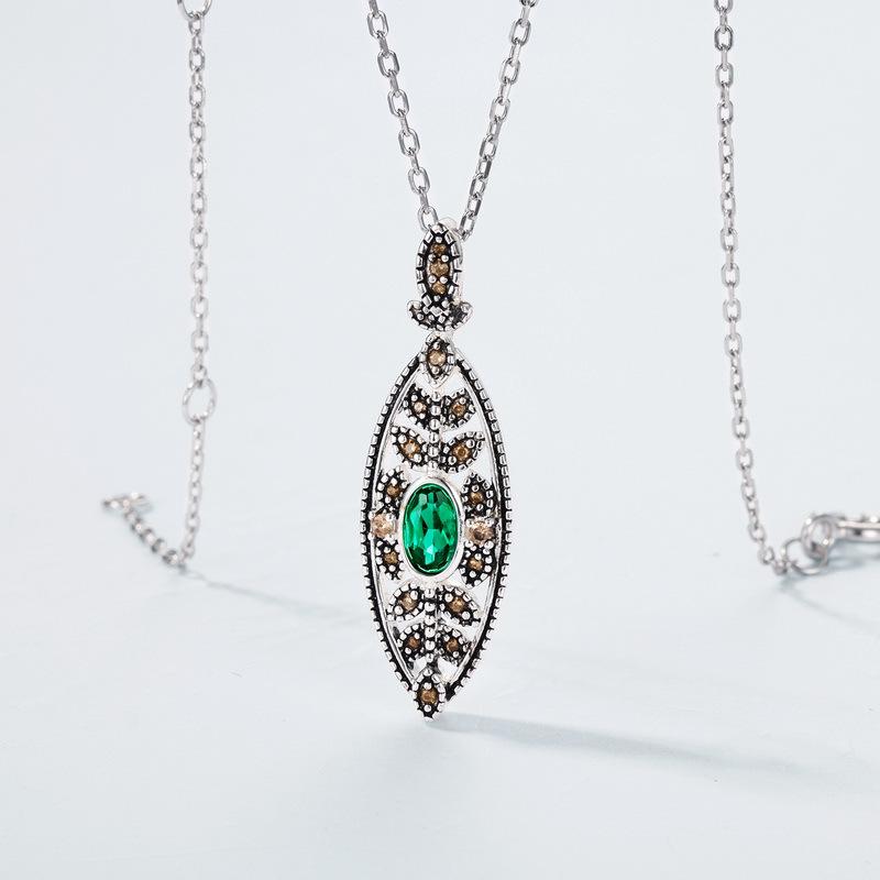 Unique Evil Eye Wedding Set vintage marquise shaped pendant necklace silver white gold art deco green emerald stud earrings anniversary gift - PENFINE