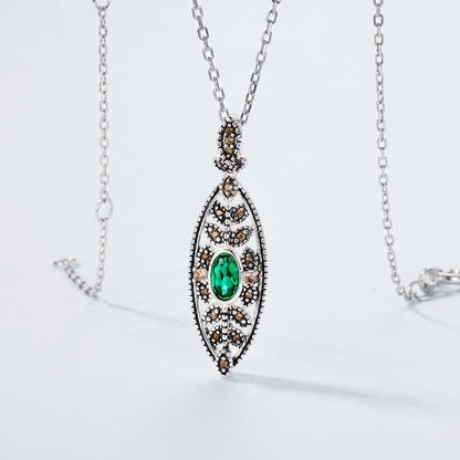 Unique Evil Eye Wedding Set vintage marquise shaped pendant necklace silver white gold art deco green emerald stud earrings anniversary gift - PENFINE