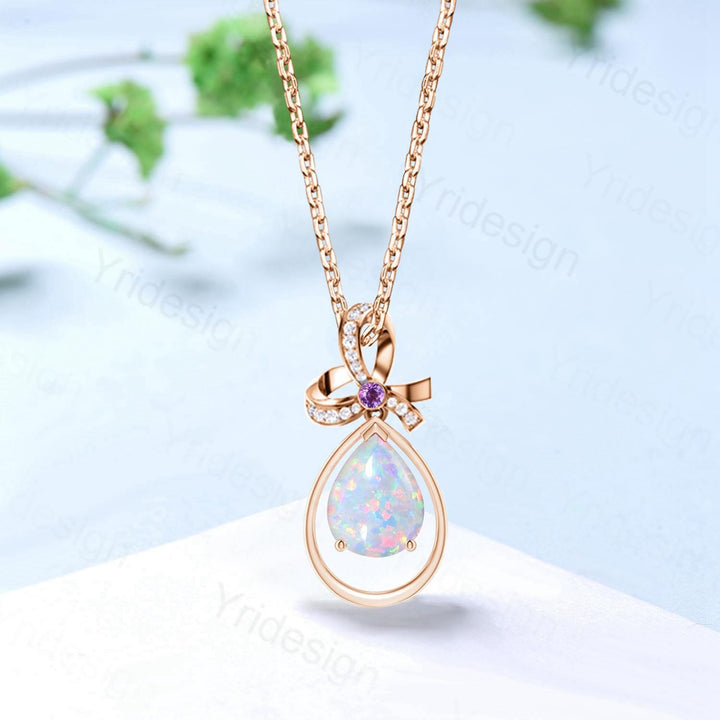 Unique Opal Necklace Celtic Knot Pear Shaped White Opal Wedding Necklace Sterling Silver Yellow Gold Mother's Pendant Anniversary Gift Women - PENFINE