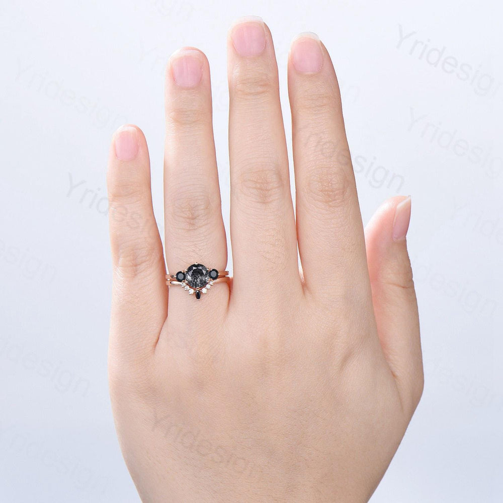 Vintage black rutilated quartz engagement ring set Three stone black spinel wedding ring set for women Quartz crystal bridal birthday gift - PENFINE