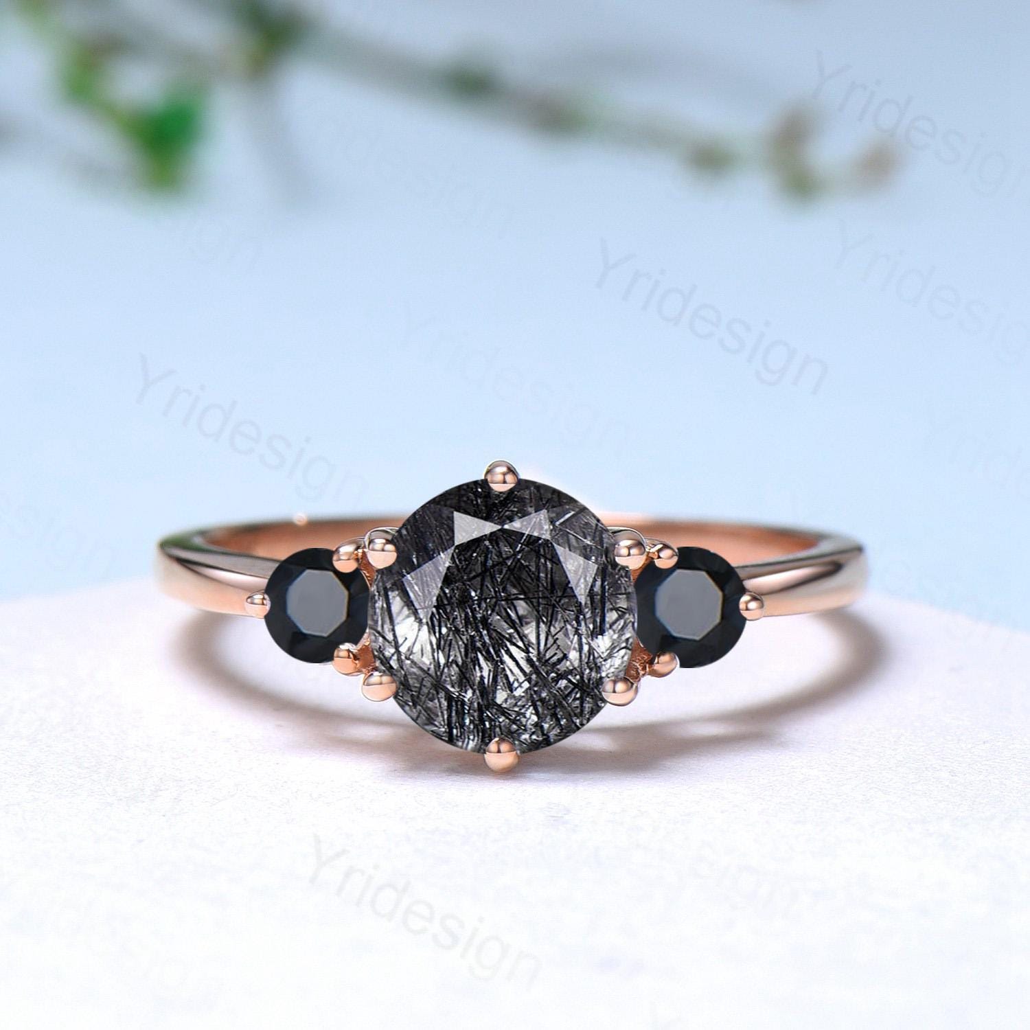 Vintage black rutilated quartz engagement ring set Three stone black spinel wedding ring set for women Quartz crystal bridal birthday gift - PENFINE
