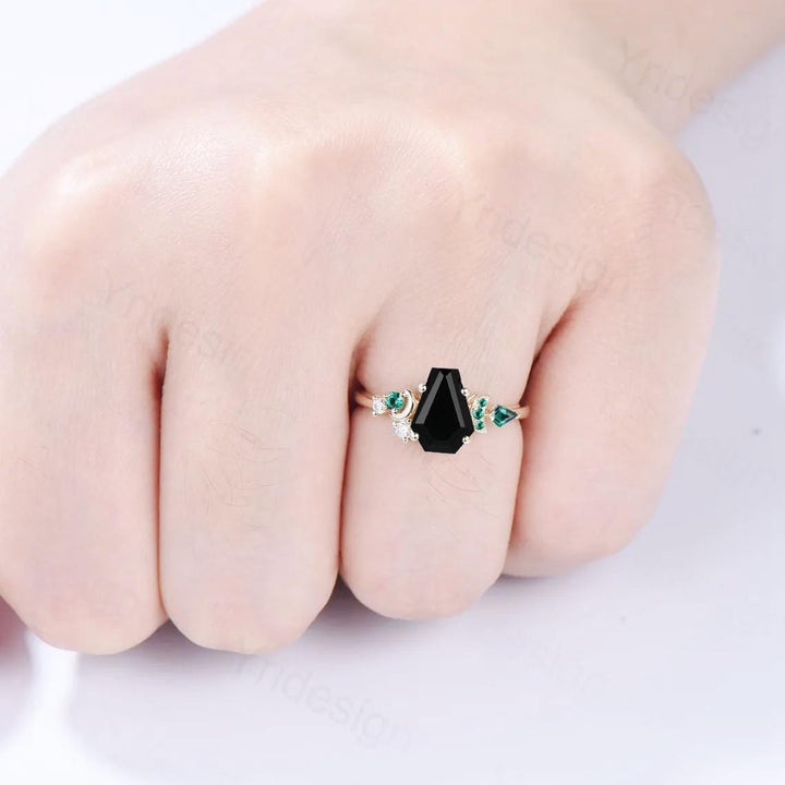 Unique Coffin cut black onyx engagement ring Art deco gothic design emerald wedding ring moon cluster ring bridal anniversary promise ring - PENFINE