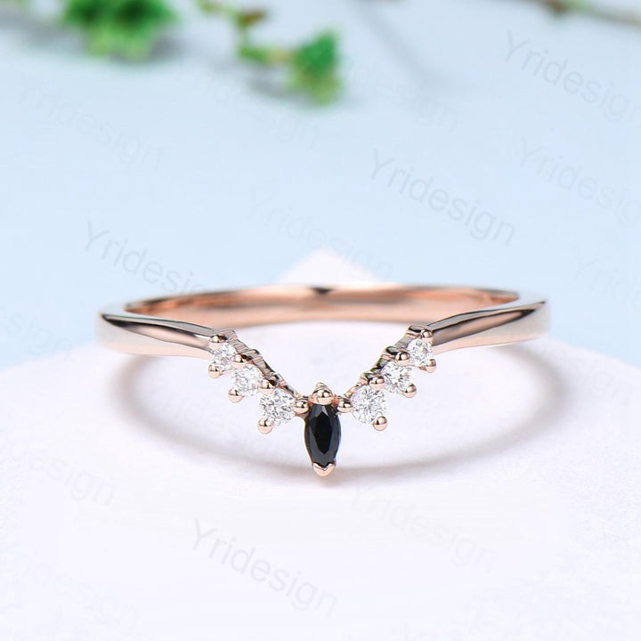 Curved 14K Rose Gold Lab Grown diamond wedding band women custom black spinel wedding band art deco matching stacking band anniversary gift - PENFINE