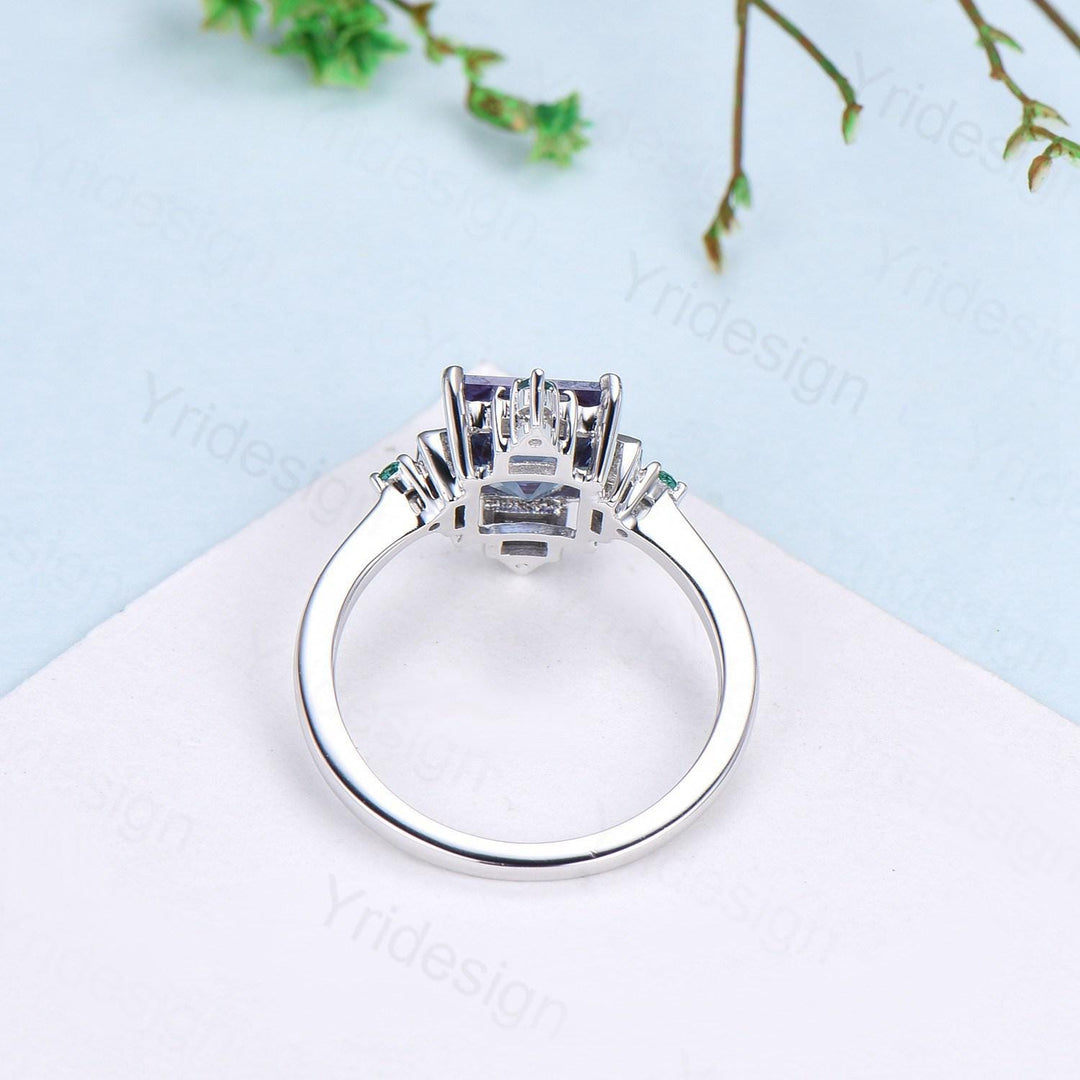 Unique 2 carat princess cut alexandrite ring halo baguette color change stone engagement ring-14k white gold art deco anniversary ring gift - PENFINE