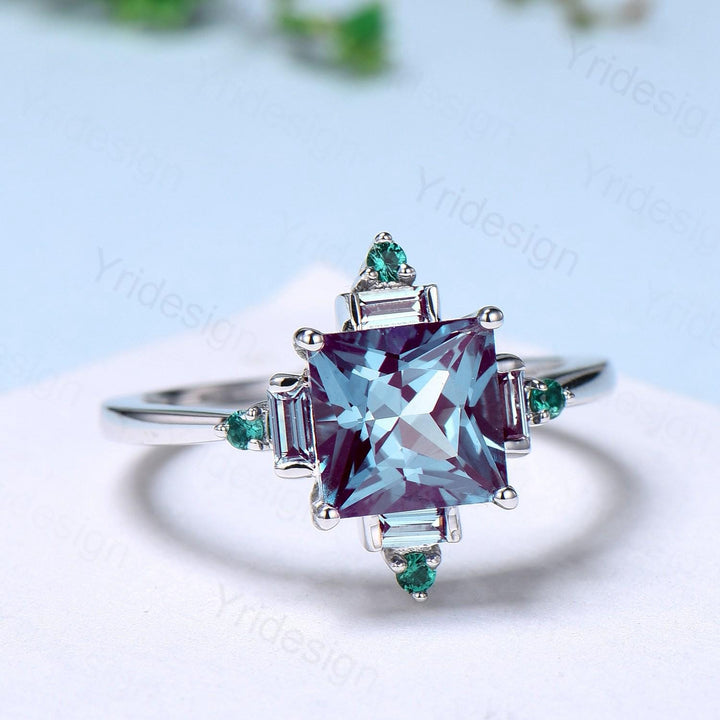 Unique 2 carat princess cut alexandrite ring halo baguette color change stone engagement ring-14k white gold art deco anniversary ring gift - PENFINE