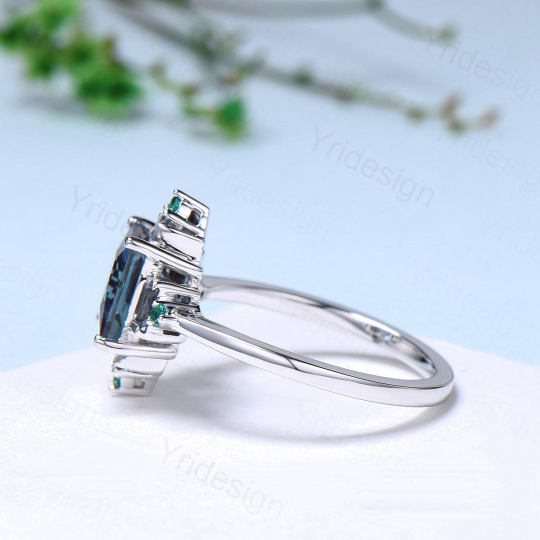 Unique 2 carat princess cut alexandrite ring halo baguette color change stone engagement ring-14k white gold art deco anniversary ring gift - PENFINE