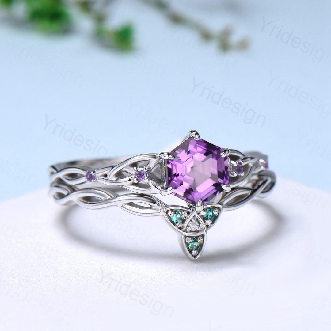 Norse Viking Hexagon Amethyst Ring Set Celtic Love Knot Purple Gemstone Engagement Ring Unique Twisted Emerald Wedding Ring Set For Women - PENFINE