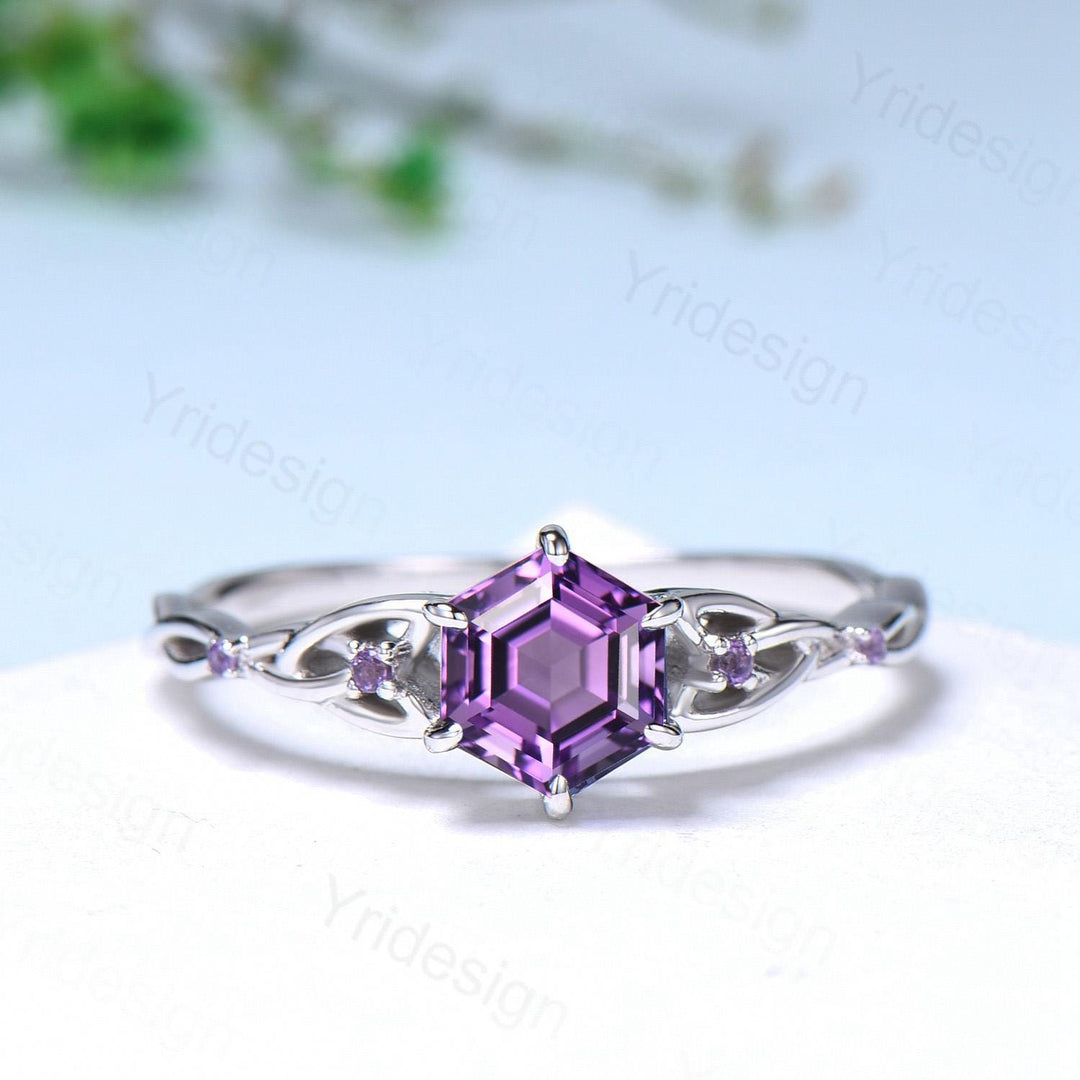 Norse Viking Hexagon Amethyst Ring Set Celtic Love Knot Purple Gemstone Engagement Ring Unique Twisted Emerald Wedding Ring Set For Women - PENFINE