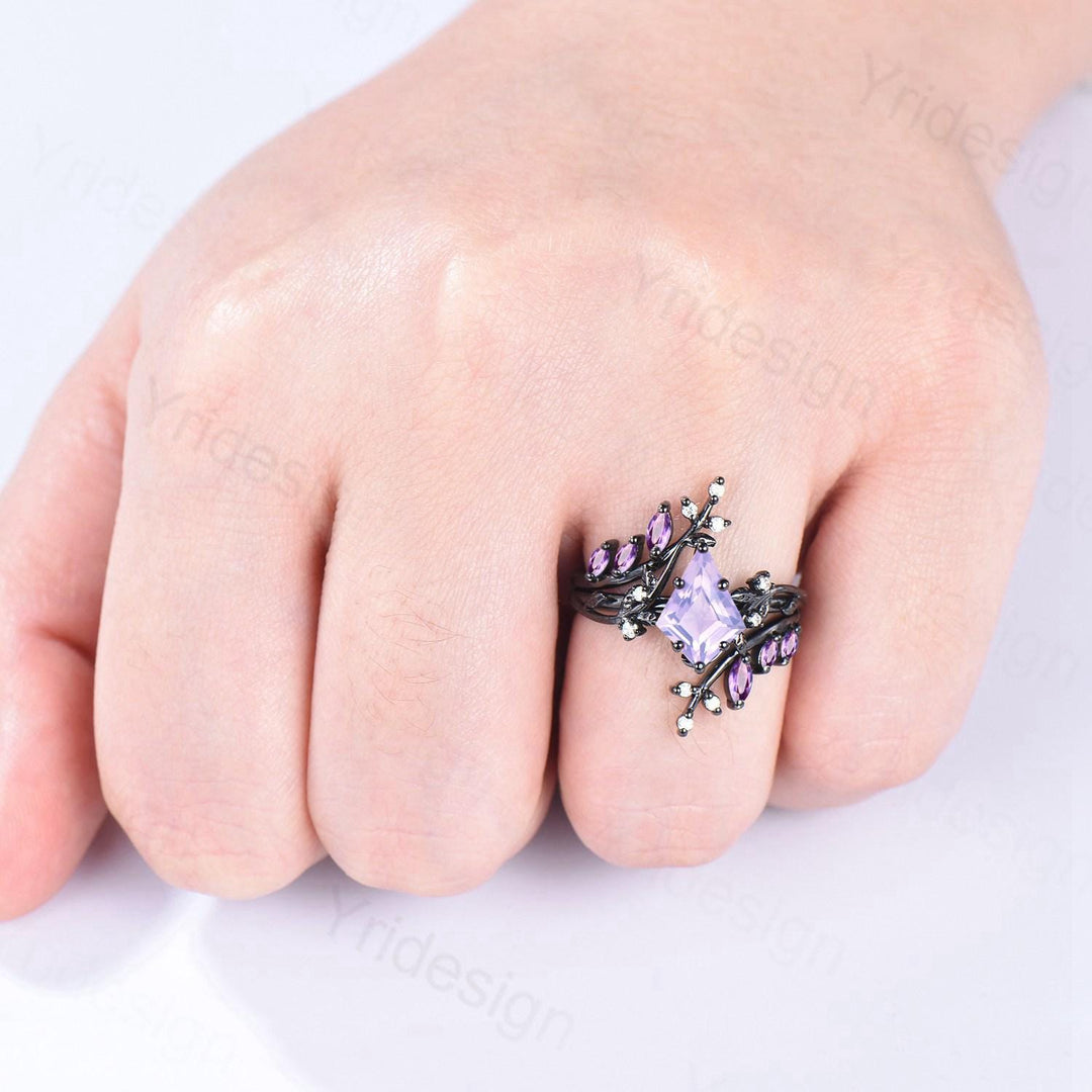 Nature Inspired Kite cut lavender amethyst ring set black gold unique leaf branch marquise cut amethyst  engagement ring bridal wedding set - PENFINE