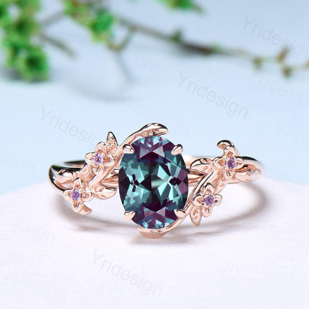 Unique flower alexandrite ring set cluster amethyst color change stone nature inspired engagement ring silver rose gold bridal wedding set - PENFINE