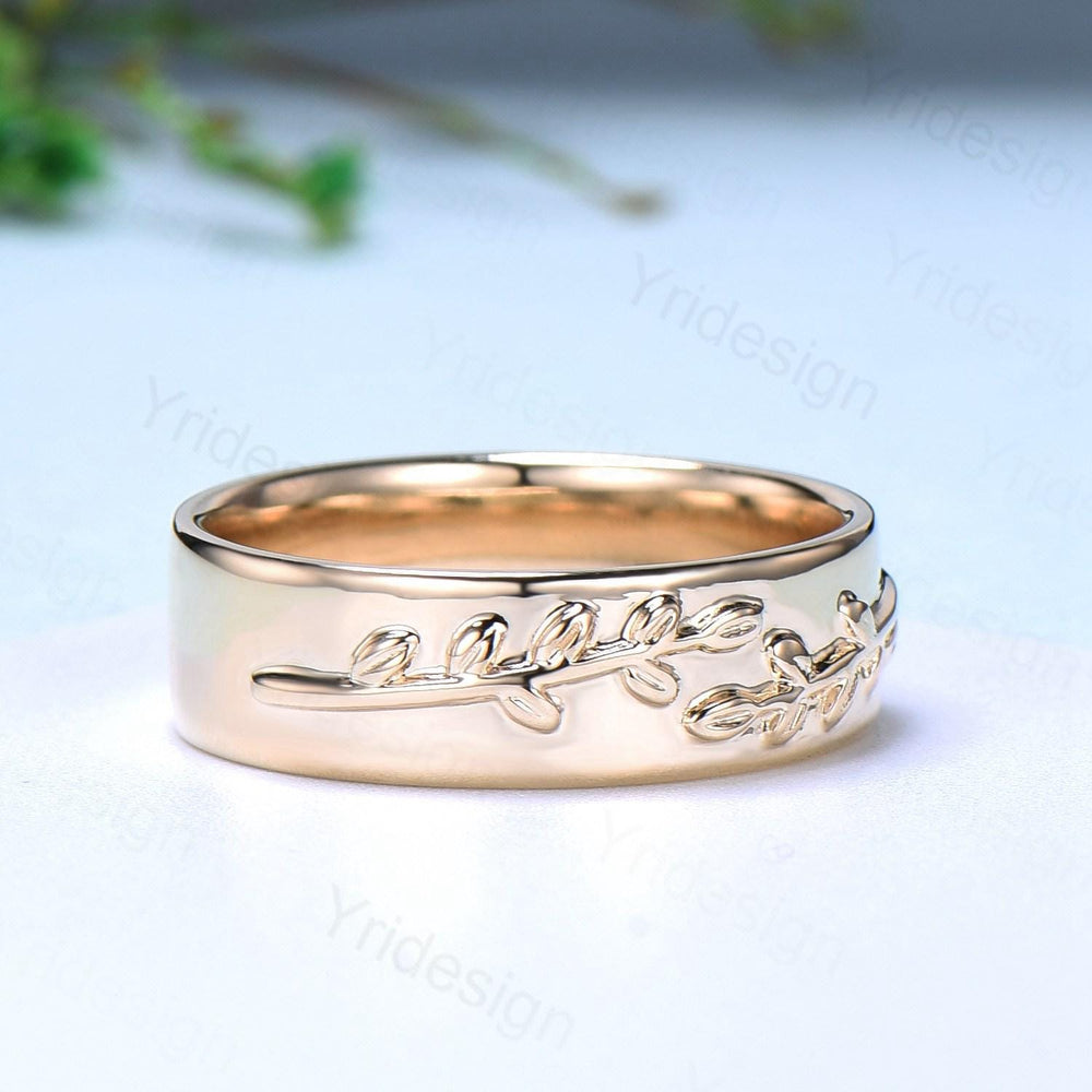 6mm Unique Leaf Wedding Band Mens 14K Yellow Gold Art Deco Leaf Branch Vines Design Wedding Ring Men Anniversary Engagement Rings For Men - PENFINE