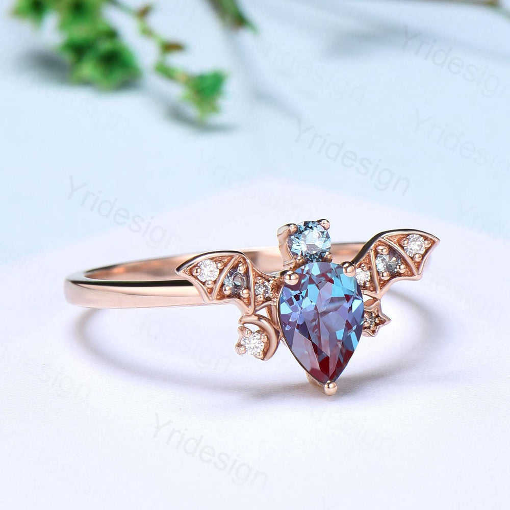 Magic Crescent Moon Star Alexandrite Engagement Ring Unique Bat Color Change Cluster Diamond Wedding Ring Rose Gold Anniversary gift Women - PENFINE