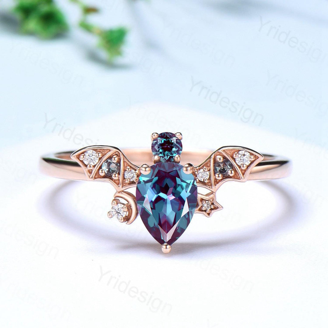 Magic Crescent Moon Star Alexandrite Engagement Ring Unique Bat Color Change Cluster Diamond Wedding Ring Rose Gold Anniversary gift Women - PENFINE