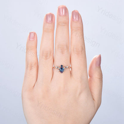 Magic Crescent Moon Star Alexandrite Engagement Ring Unique Bat Color Change Cluster Diamond Wedding Ring Rose Gold Anniversary gift Women - PENFINE