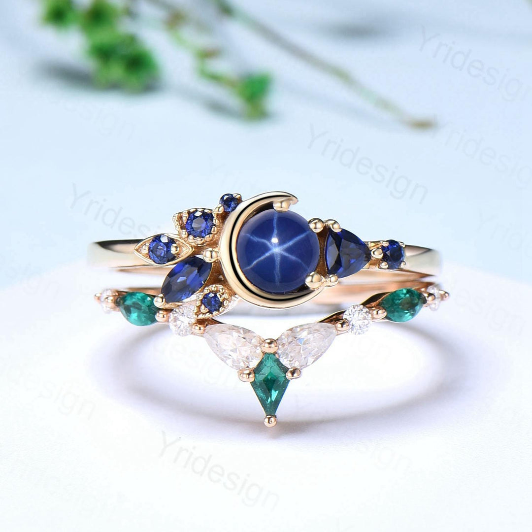 Unique Round Star Sapphire Engagement Ring Set Cluster blue sapphire Wedding Set Unique Personalized Emerald Stacking Band Anniversary Gift - PENFINE