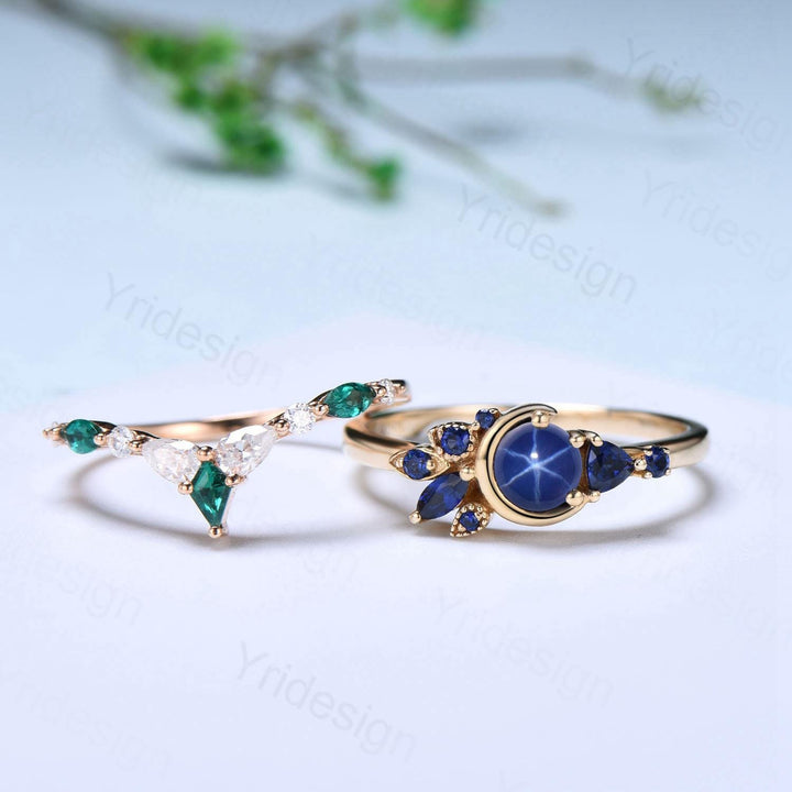 Unique Round Star Sapphire Engagement Ring Set Cluster blue sapphire Wedding Set Unique Personalized Emerald Stacking Band Anniversary Gift - PENFINE