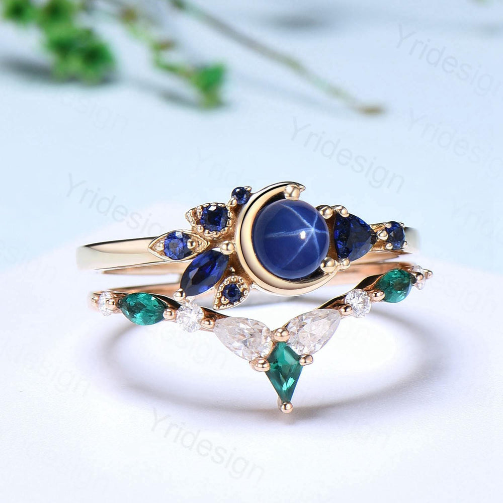 Unique Round Star Sapphire Engagement Ring Set Cluster blue sapphire Wedding Set Unique Personalized Emerald Stacking Band Anniversary Gift - PENFINE