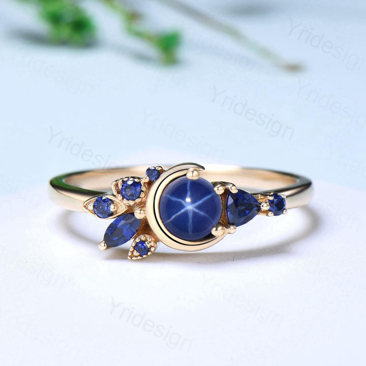 Unique Round Star Sapphire Engagement Ring Set Cluster blue sapphire Wedding Set Unique Personalized Emerald Stacking Band Anniversary Gift - PENFINE